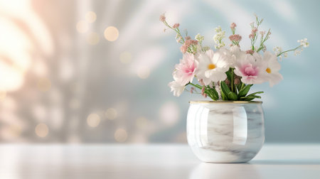 A charming arrangement of artificial flowers sits gracefully in a marble pot, enhancing the ambiance with an illusion of natures beauty in a beautifully softened light.の素材