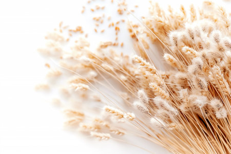 A captivating assortment of soft, dried flowers is thoughtfully arranged against a pristine white backdrop, embodying a serene and natural aesthetic that enhances any space.の素材