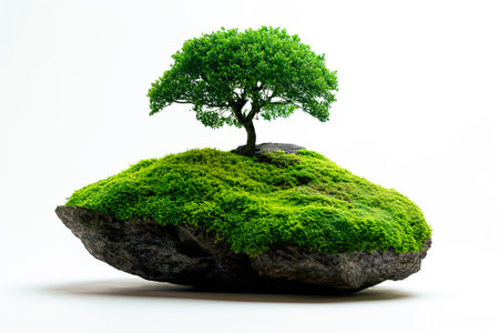 A lively green tree stands proudly atop a moss-covered rock, showing its growth and vitality against a stark white background that emphasizes natures elegance and strength.の素材