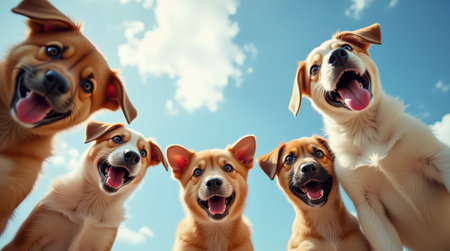 Five adorable puppies, full of energy and curiosity, gather excitedly under a clear blue sky, showcasing their playful personalities in a lush green park.の素材