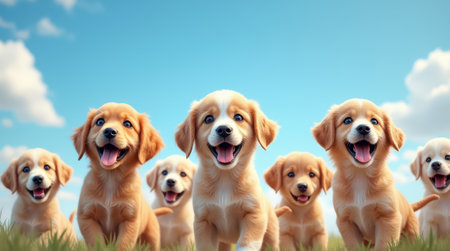 A cheerful pack of golden retriever puppies plays together in a vast green meadow under a bright blue sky, showcasing their joyful spirits and curious nature.の素材