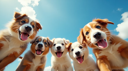 A cheerful group of five puppies with varying fur colors plays together in a sunny setting, displaying their playful nature against a bright blue sky with clouds.の素材