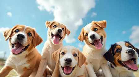 A group of five playful puppies enjoys a sunny day in the park, wagging their tails and displaying a range of joyful expressions under fluffy white clouds.の素材
