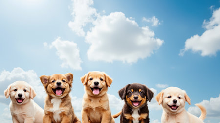 Five adorable puppies are gathered together, all with cheerful expressions, under a bright blue sky filled with fluffy clouds, creating a joyful atmosphere.の素材