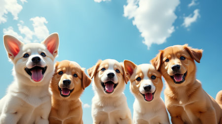 A group of five adorable puppies stands close together, all smiling with their tongues out, enjoying the warmth of a sunny day in a bright blue sky.の素材