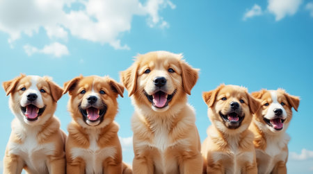 A group of five happy puppies is sitting side by side, their fur shining in the sunlight. They look excited and playful, enjoying their time outdoors with a clear blue sky above.の素材