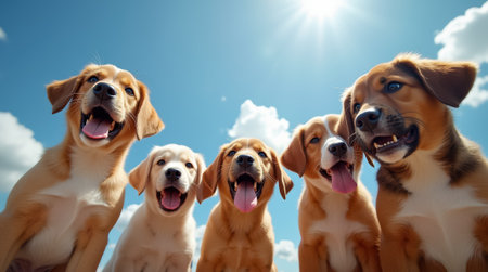 Six energetic puppies gather under a clear blue sky, playfully interacting and enjoying the warm sunshine as they bask in the joy of their surroundings.の素材