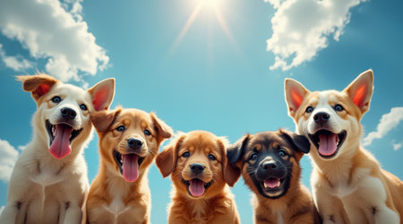 A group of five playful puppies stands together with joyful expressions, enjoying the warm sunshine and clear blue sky on a beautiful day outdoors.の素材