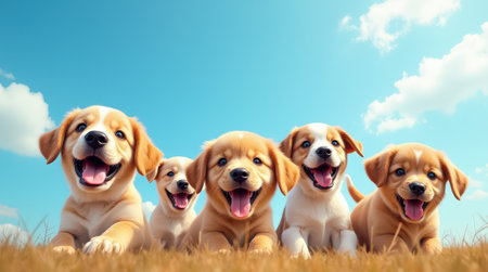A group of five cheerful puppies is lying in a grassy field, basking in the sunlight under a clear blue sky, all looking playful and happy.の素材