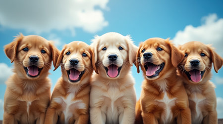 A group of five adorable puppies with golden fur playfully pose, showing their joyful expressions under a clear blue sky in warm sunlight.の素材