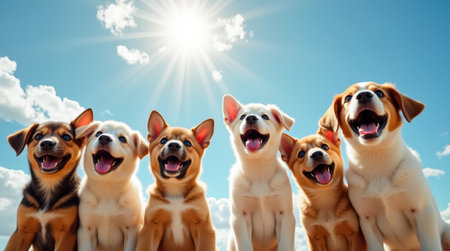 Six adorable puppies of various breeds gather in a cheerful pose, basking in the sunlight beneath a clear blue sky, radiating joy and energy.の素材