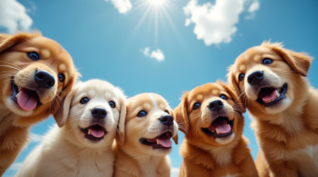 A group of five adorable puppies sits together, smiling joyfully in the sunlight, surrounded by a vibrant blue sky and softly drifting clouds.の素材