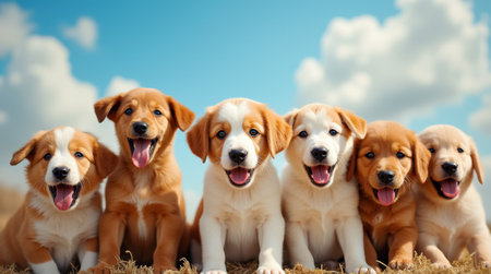 A group of six cheerful puppies sits side by side on grass, each displaying a joyful demeanor under a bright blue sky, creating a heartwarming atmosphere.の素材