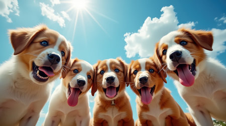 A joyful gathering of five puppies with fluffy fur and bright blue eyes, playing together under the warm sunlight, surrounded by a cheerful atmosphere.の素材