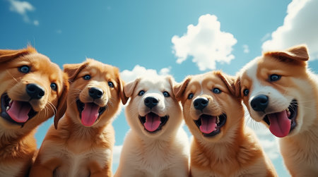 Five adorable puppies, each with bright blue eyes, are joyfully playing together outdoors, basking in the warmth of a sunny day with a stunning blue sky above.の素材