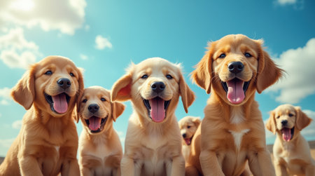 A group of five golden retriever puppies stands together, happily panting with their tongues out, under a bright blue sky on a beautiful day.の素材