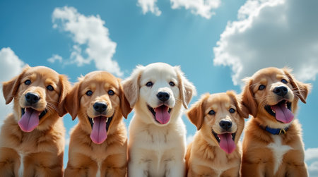 A group of five happy puppies stands side by side, all smiling and panting with their tongues out. They bask in the sunshine, creating a joyful atmosphere in the park.の素材