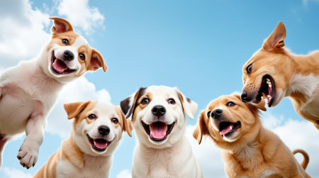 A group of cheerful puppies is playing together under a bright blue sky with soft clouds, radiating joy and excitement in their playful antics.の素材