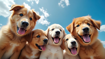 A group of five joyful puppies gathers closely, smiling with open mouths, enjoying a sunny day filled with warmth and playful energy.の素材