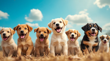 A lively pack of adorable puppies strolls joyfully together under a bright blue sky, surrounded by soft clouds and a lush green field, radiating happiness.の素材