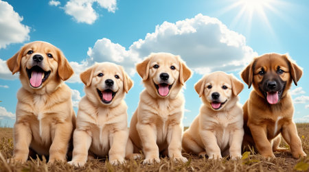 Five adorable puppies sit happily in a field, basking in the warm sunlight. They appear joyful with their tongues out, surrounded by a vibrant landscape.の素材