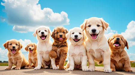 A group of seven puppies, featuring playful expressions, sit together on a driveway, enjoying the warm sunshine and bright blue sky above. Their fur shines in the light.の素材