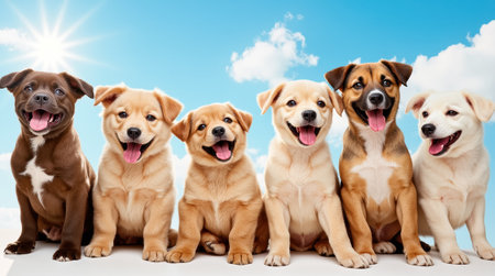 A group of six joyful puppies sit side by side, showing their delight with wide smiles and wagging tails, basking in the sunshine on a warm afternoon.の素材