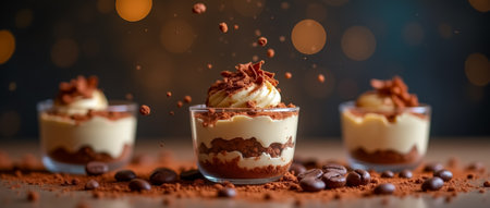 Three individual dessert cups feature layers of creamy filling and chocolate crumbs, garnished with crispy chocolate shavings against a softly glowing background.の素材