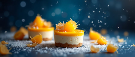 Mini cheesecakes adorned with slices of fresh mango and toasted coconut are presented beautifully on a textured blue surface, enhanced by shimmering droplets.の素材