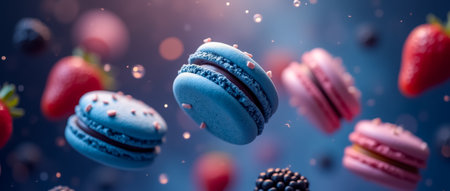 Sweet macarons in vibrant blue and pink hover amidst fresh strawberries and blackberries, creating a whimsical and colorful arrangement against a soft blue backdrop.の素材