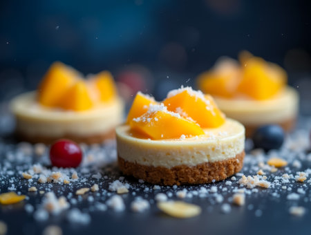 Mini cheesecakes adorned with luscious mango slices and sprinkled with coconut flakes create an inviting dessert display on a moody background.の素材