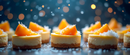 Mini cheesecakes with a graham cracker crust feature fresh mango pieces and coconut flakes, beautifully arranged for guests at a vibrant evening celebration.の素材