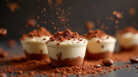 Four enticing cups of chocolate mousse are topped with a generous dusting of cocoa powder, elegantly displayed against a dark backdrop.の素材