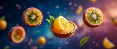 A tart filled with bright orange cream sits in the center, surrounded by floating slices of kiwi, passion fruit, and mint leaves, all against a cosmic, colorful backdrop.の素材