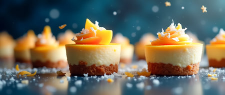 Mango cheesecakes with creamy layers and coconut shavings sit beautifully on a reflective surface, showing their vibrant toppings and textures.の素材