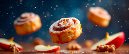 Cinnamon rolls and bright red apples float above a wooden table, dusted with powdered sugar, creating a whimsical, cozy atmosphere perfect for dessert lovers.の素材