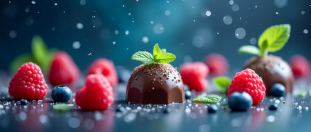 Chocolate truffles are artistically arranged with vibrant raspberries and blueberries. Soft droplets of water add a refreshing touch to the elegant dessert presentation.の素材