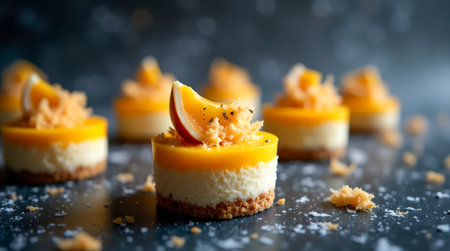 Mini orange cheesecakes topped with vibrant orange gelatin and garnished with zest sit on a dark surface, showing their deliciousness as dessert treats.の素材