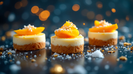 Three delightful mini cheesecakes sit on a table, each adorned with fresh peach slices and coconut flakes. The background features a warm, glowing bokeh effect, enhancing the desserts appeal.の素材