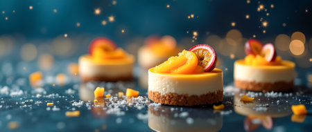 Mini cheesecakes adorned with vibrant fruits are arranged beautifully on a reflective surface, creating a delightful atmosphere for an evening celebration.の素材