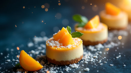 Mini cheesecakes are beautifully arranged with fresh peach slices and mint leaves on a dark background, illuminated by warm sunset light, creating an inviting dessert display.の素材