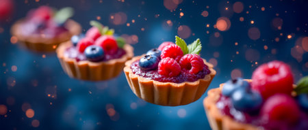 These delightful tarts are filled with a rich berry mixture topped with fresh raspberries, blueberries, and mint, set against a vibrant blue background, creating a festive atmosphere.の素材