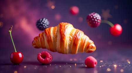 A golden croissant hovers in the air, adorned with vibrant berries and cherries, creating a whimsical and appealing dessert moment filled with delightful colors.の素材