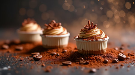 Three enticing cupcakes topped with rich cream and chocolate decorations are set on a dark surface sprinkled with cocoa powder and coffee beans.の素材