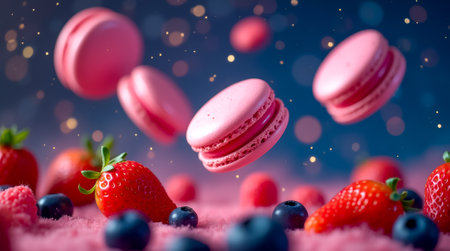 Delicate pink macarons gracefully hover above a bed of vibrant strawberries and blueberries, set against a shimmering, dreamy backdrop filled with soft light.の素材