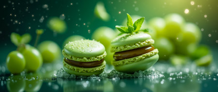 Two vibrant green macarons filled with chocolate sit elegantly alongside fresh grapes and mint leaves, creating an inviting dessert display with a soft glow.の素材