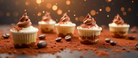 A variety of tempting cupcakes sit on a dark surface, each adorned with rich chocolate frosting and cocoa powder, creating a delightful ambiance with shimmering lights.の素材