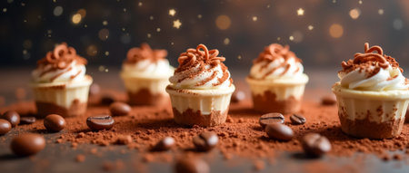 Mini cupcakes topped with creamy frosting and chocolate sprinkles are artistically arranged on a wooden table, accented by cocoa powder and coffee beans nearby.の素材