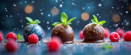 Three exquisite chocolate truffles are artistically arranged, topped with fresh mint leaves, and surrounded by scattered raspberries against a softly lit backdrop.の素材
