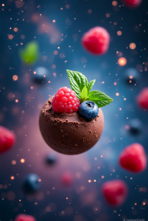 A round ball of chocolate ice cream is surrounded by floating raspberries and blueberries, adding vibrant colors against a starry, cosmic backdrop, evoking a sense of wonder.の素材
